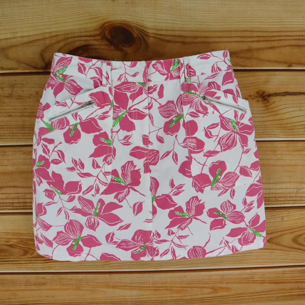 Paraphrase Short Skirt Womens 12 Pink White Floral 100% Cotton Pockets Zippers‎